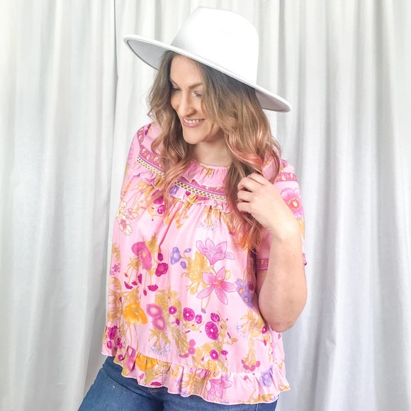 NWT Pastel Pink Floral Ruffle Short Sleeve Blouse - Picture 5 of 11